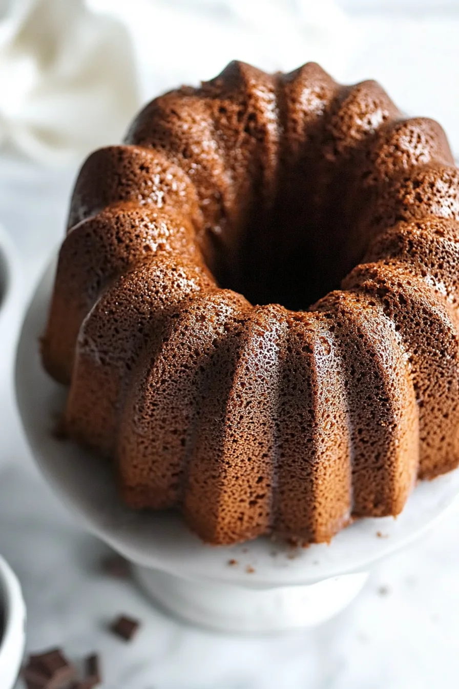 Freshly baked bundt cake cooling on a white cake stand