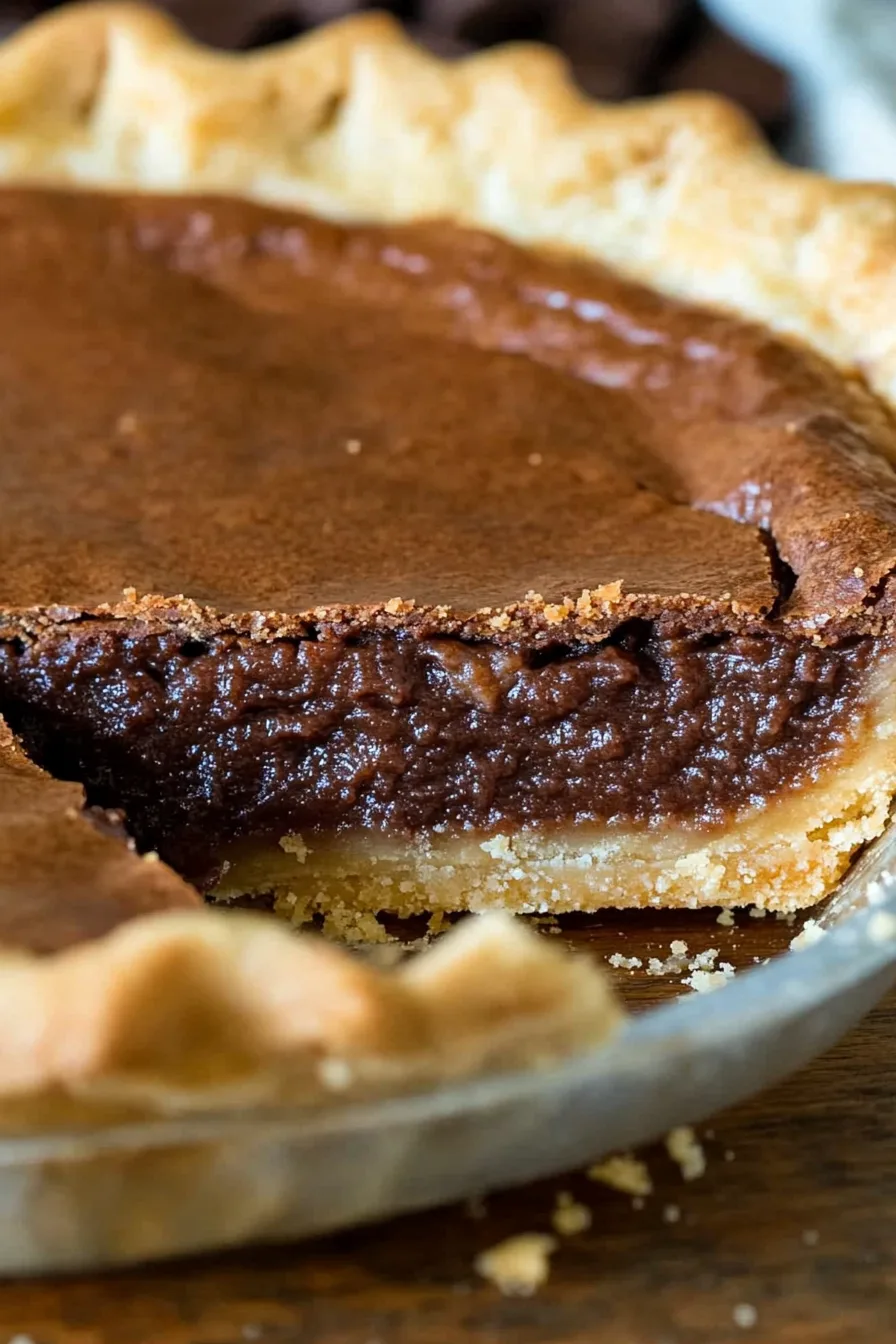 Close-up of a fudgy chocolate filling inside a flaky crust