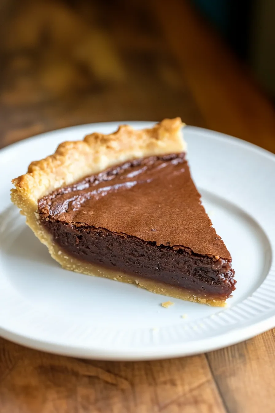 Slice of rich chocolate pie on a white plate