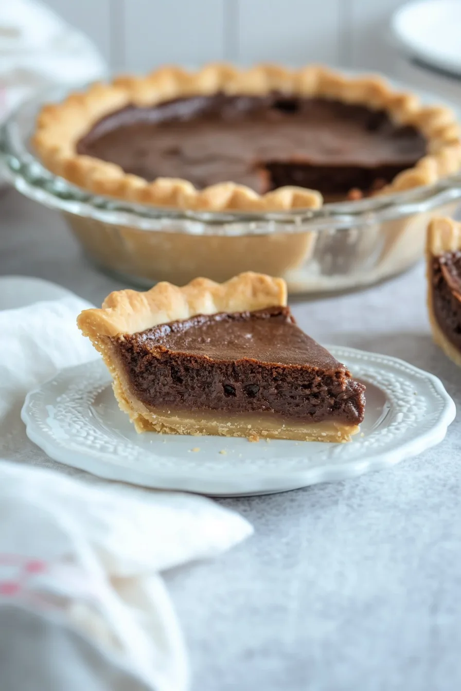 Piece of creamy chocolate dessert served on a white plate