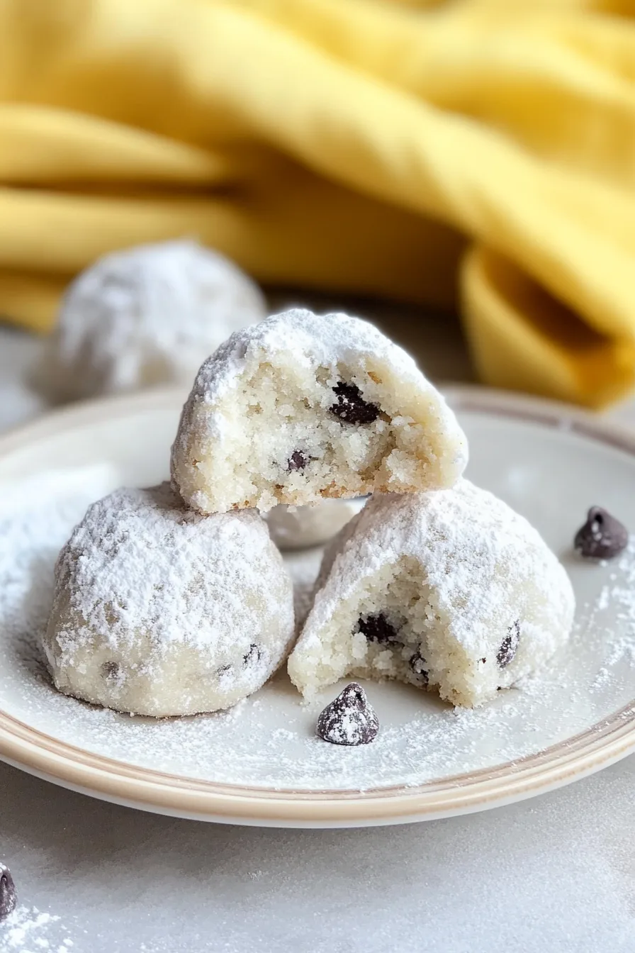 Close-up of sugar-dusted cookies with a bite revealing the chocolate chip filling.