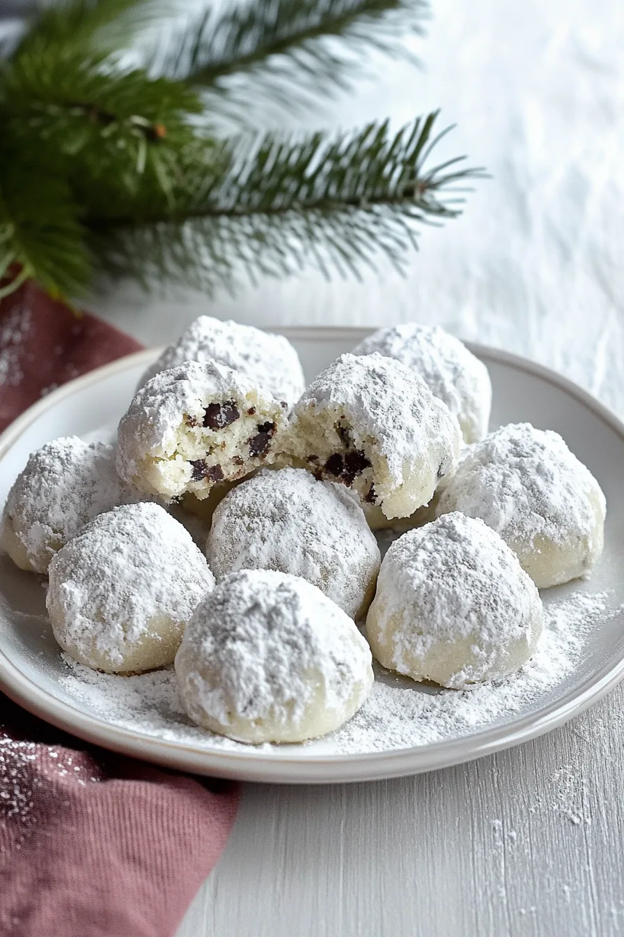 Homemade holiday cookies coated in powdered sugar, served on a white plate.