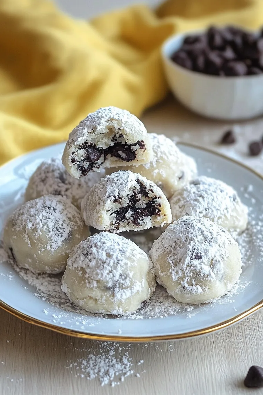 Plate of festive snowball cookies with a soft crumb and sweet chocolate inside.