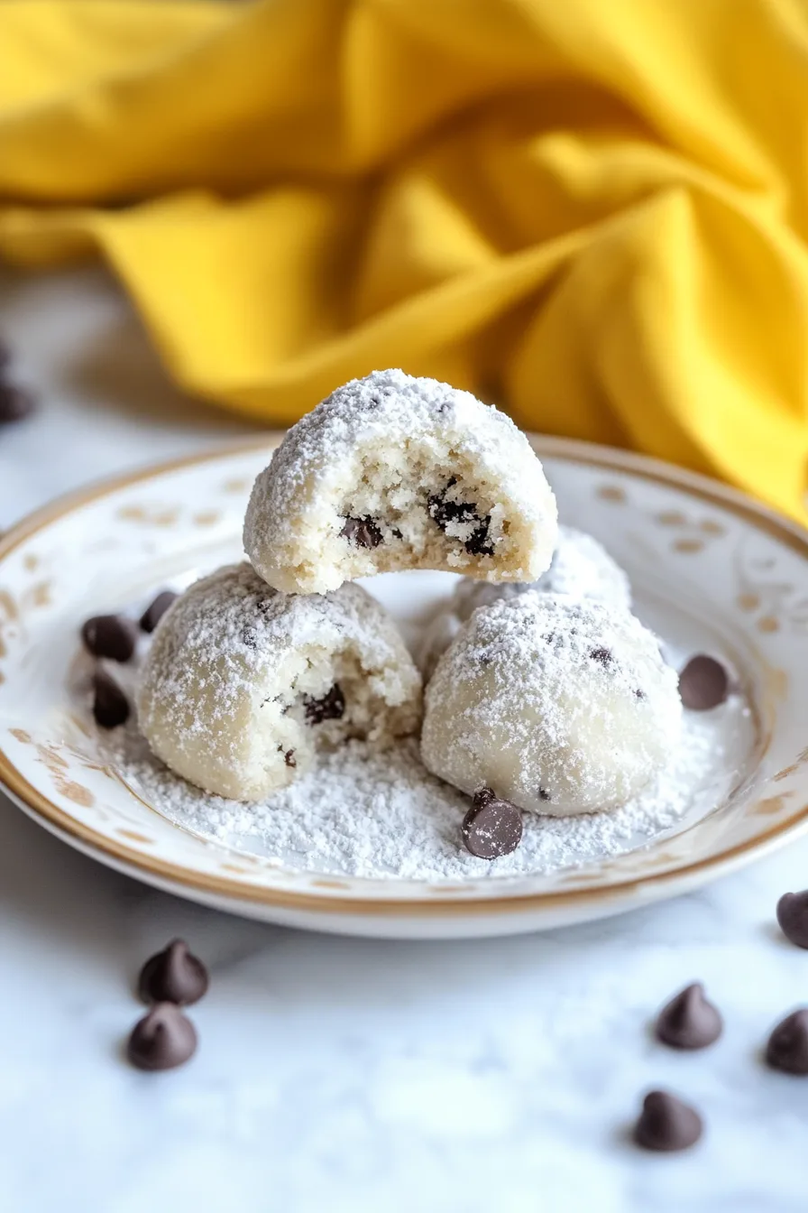 Powdered sugar-coated cookies stacked on a plate with one showing a chocolate-filled center.