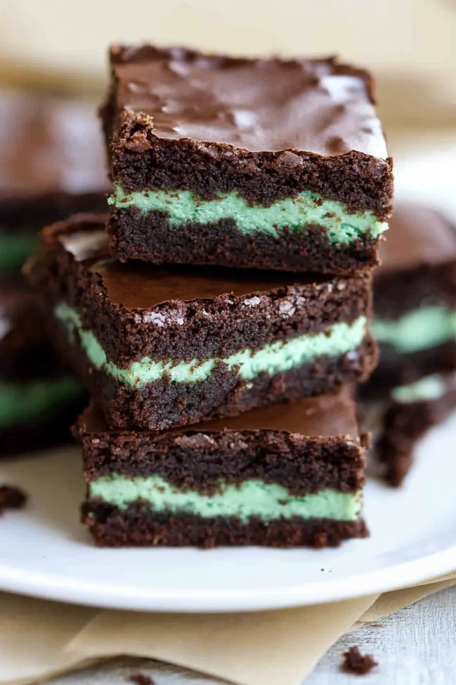Close-up of a chocolate and mint layered dessert bar.