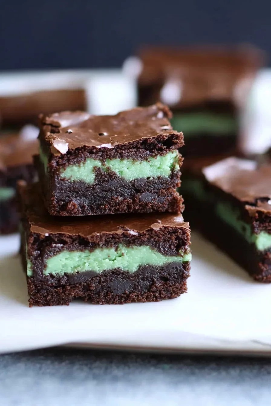 Brownies topped with glossy chocolate and filled with mint frosting.