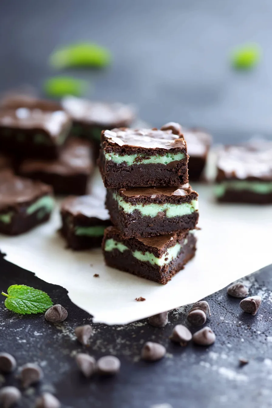 Fudgy brownie squares with a creamy green mint layer in the center.