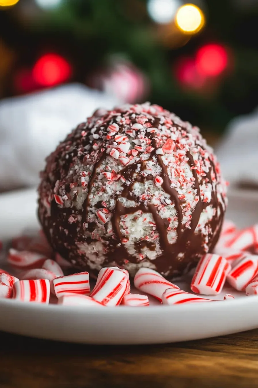 Festive dessert ball coated in crushed peppermint and chocolate drizzle
