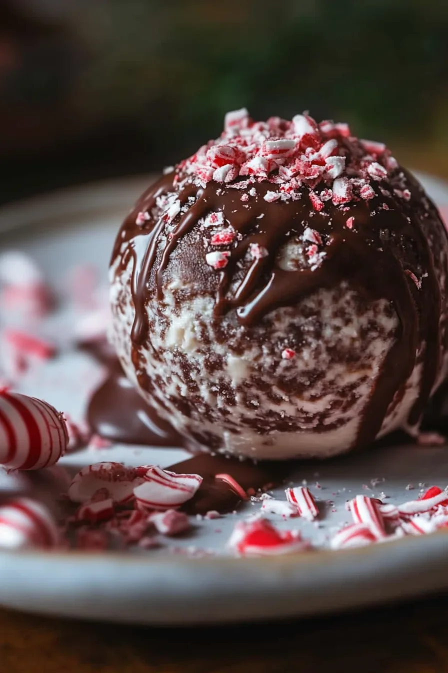 Close-up of a holiday cheesecake ball surrounded by candy canes