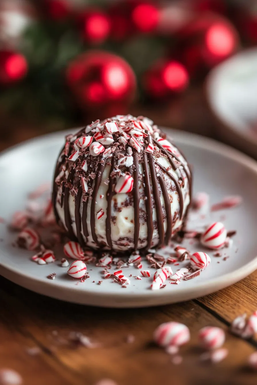 Chocolate-covered cheesecake ball rolled in crushed candy canes