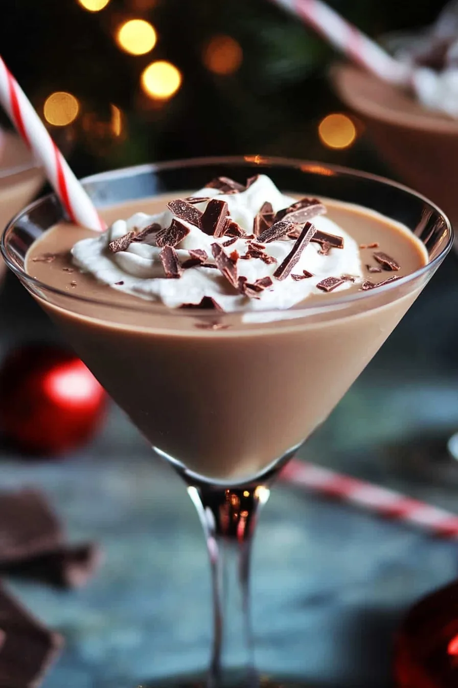 Close-up of a rich, creamy drink decorated with chocolate curls and cream.