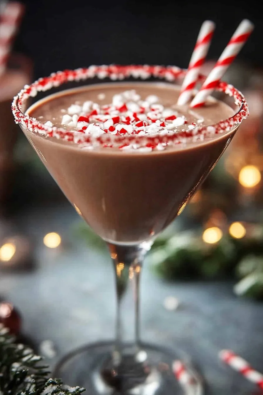 Festive chocolate beverage in a martini glass with candy cane and whipped topping.