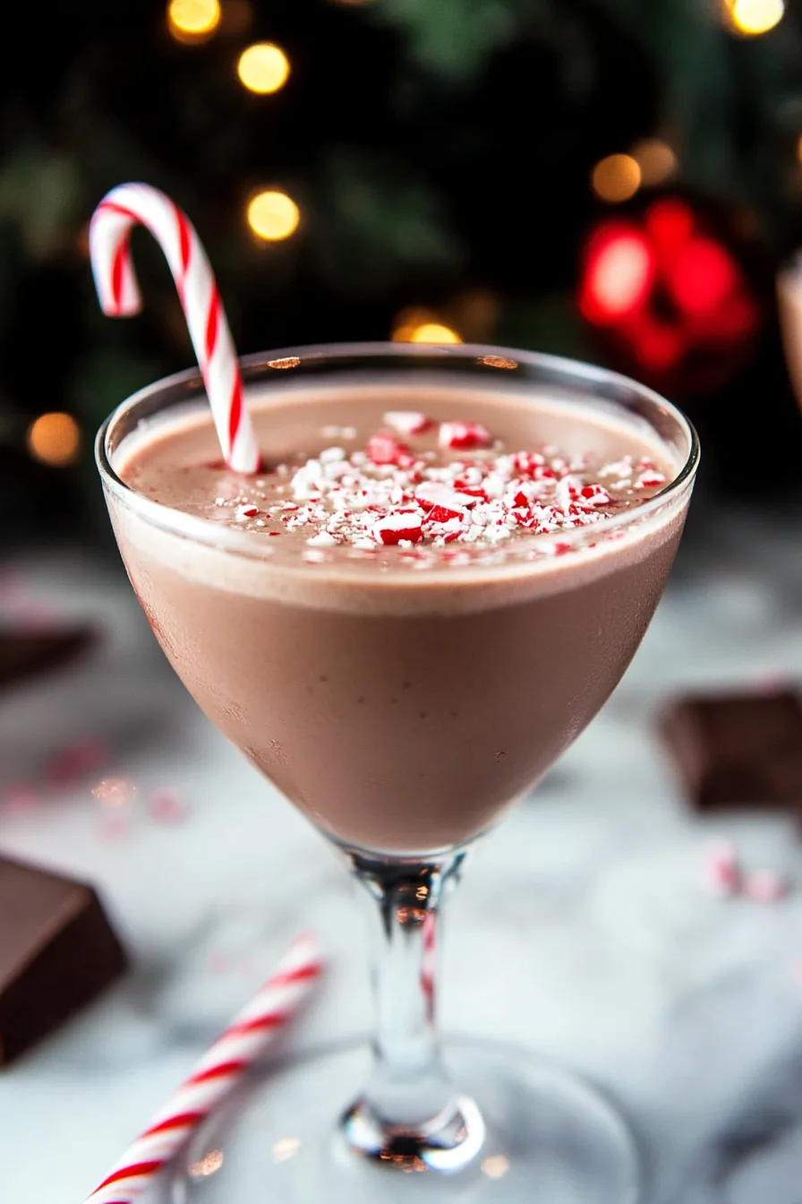 Holiday mocktail topped with whipped cream and garnished with a peppermint stick.