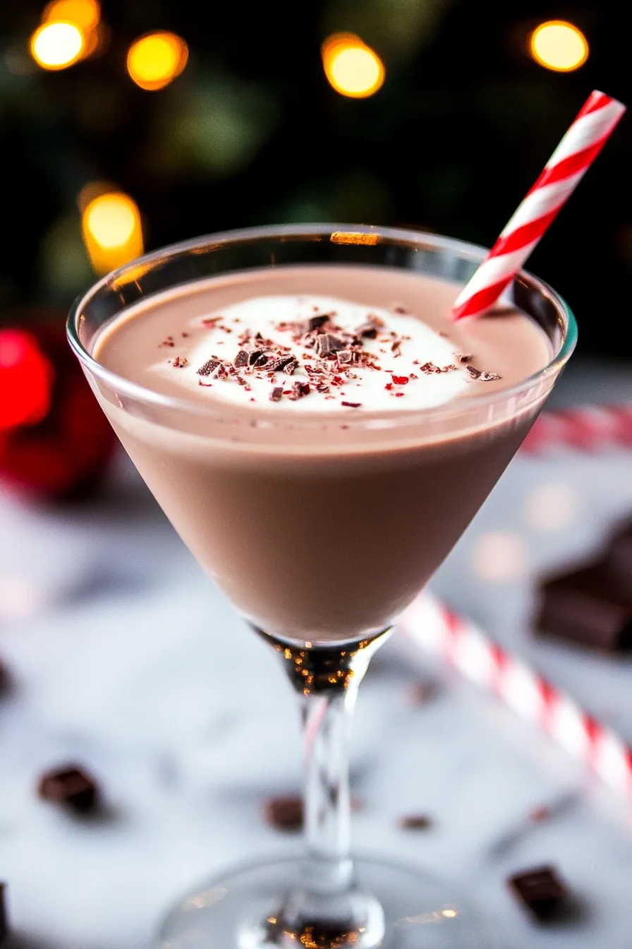 Christmas mocktail styled with holiday lights and ornaments in the background.