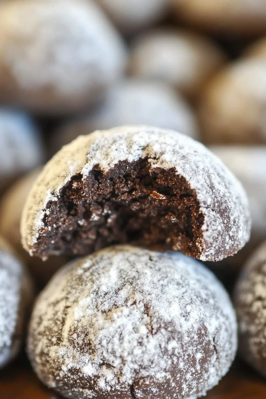Close-up of a chocolate cookie dusted with powdered sugar and a bite taken out