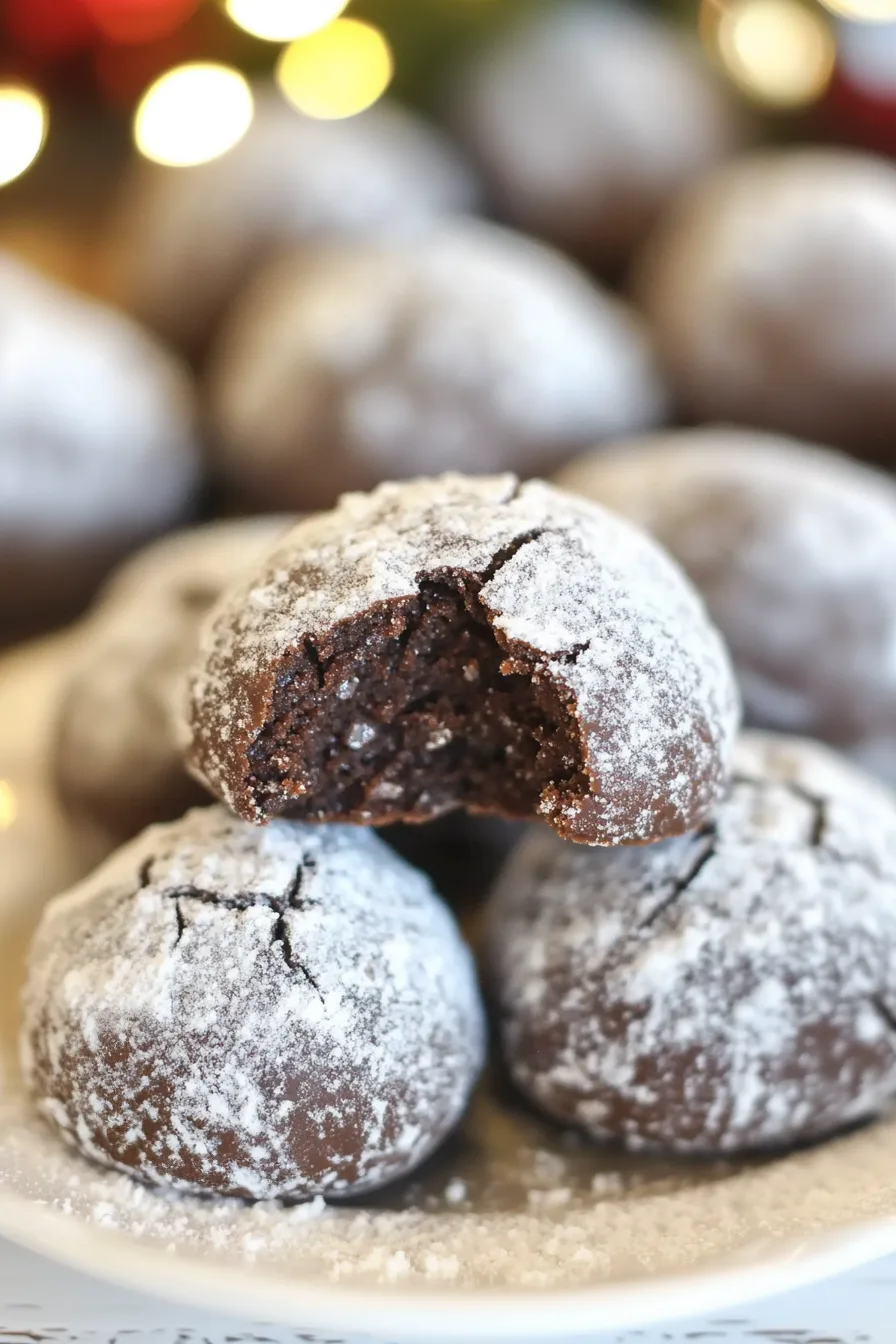 Plate of chocolatey holiday cookies covered in powdered sugar
