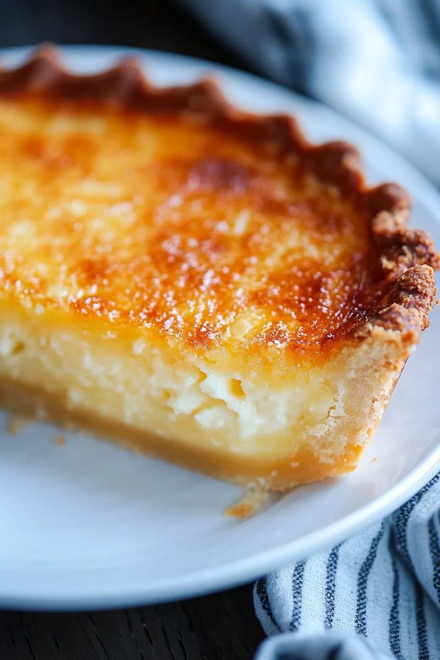 Slice of creamy custard pie served on a white plate