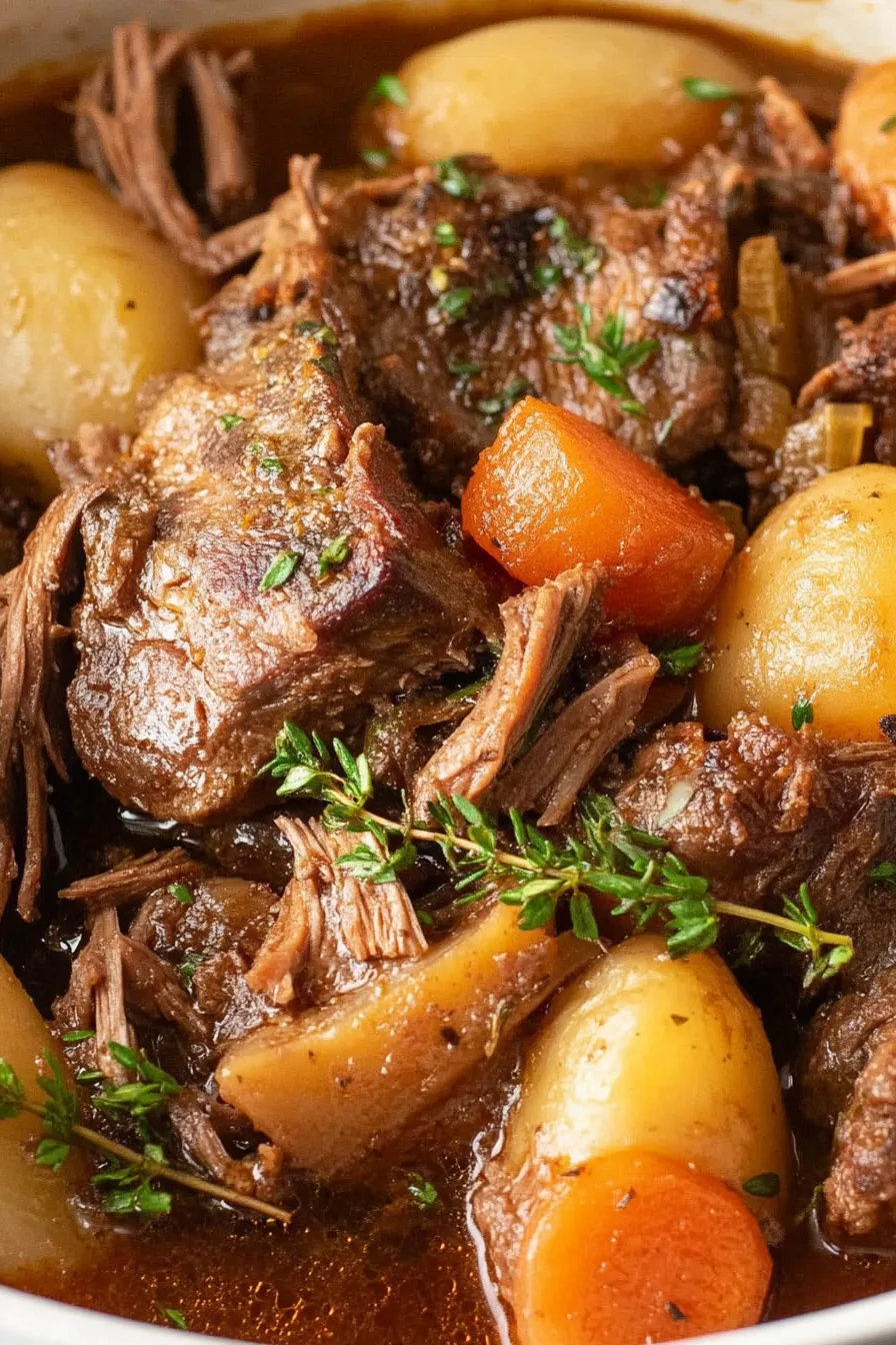 Juicy roast beef surrounded by vegetables in savory broth