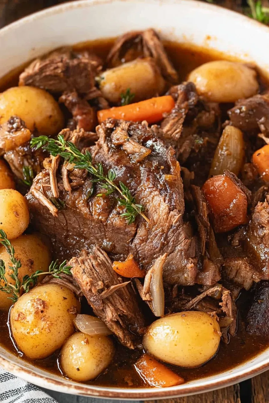 Hearty comfort food with braised beef, potatoes, and carrots
