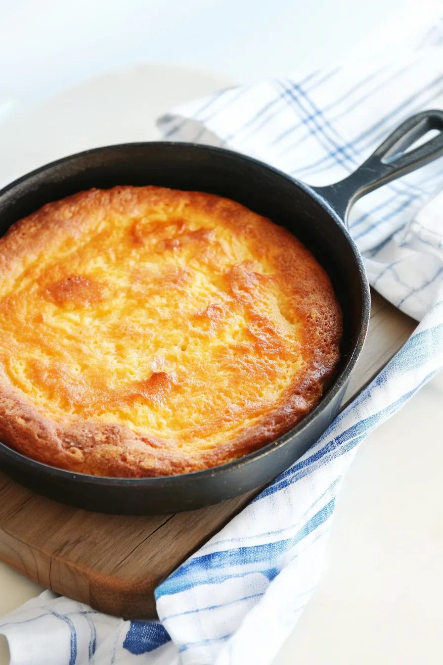 Overhead view of baked cornmeal dish cooling on the table