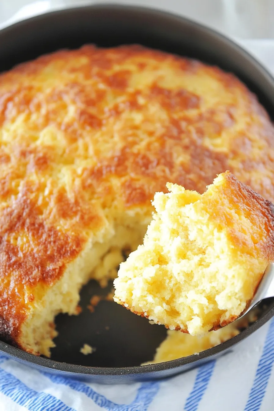 Close-up of fluffy spoon bread with a soft, custard-like center