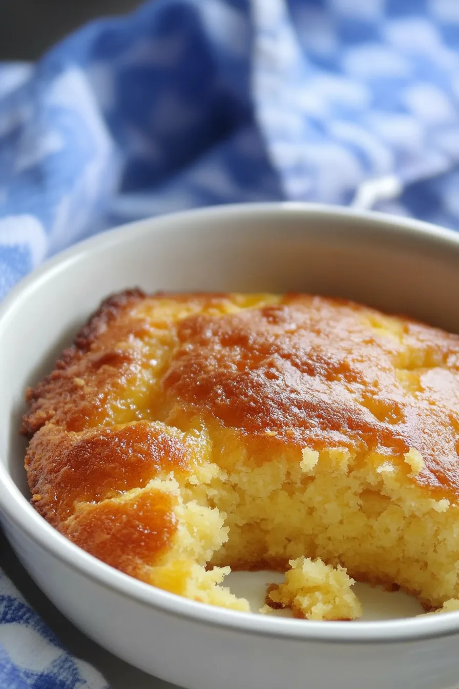 Warm, golden spoon bread served in a ceramic baking dish