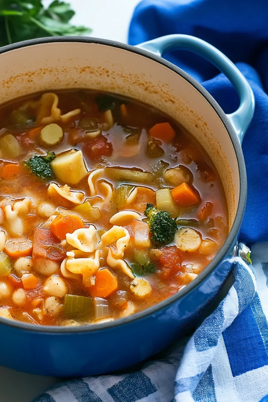 Close-up of homemade soup filled with fresh vegetables and pasta.