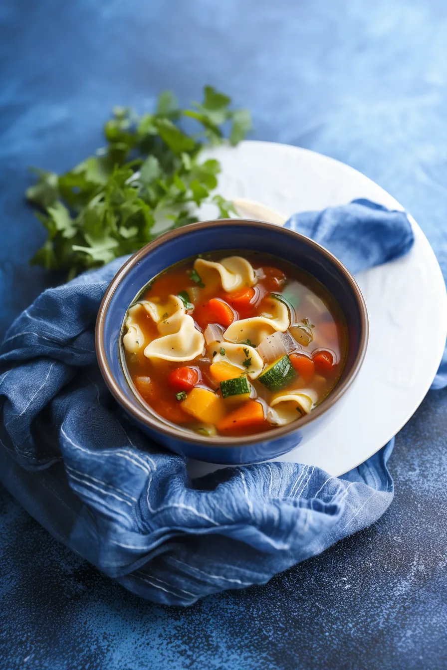 Colorful mix of carrots, zucchini, onions, and tomatoes in a light broth.