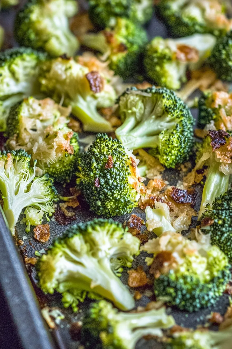 Close-up of roasted broccoli florets with crispy seasoning.