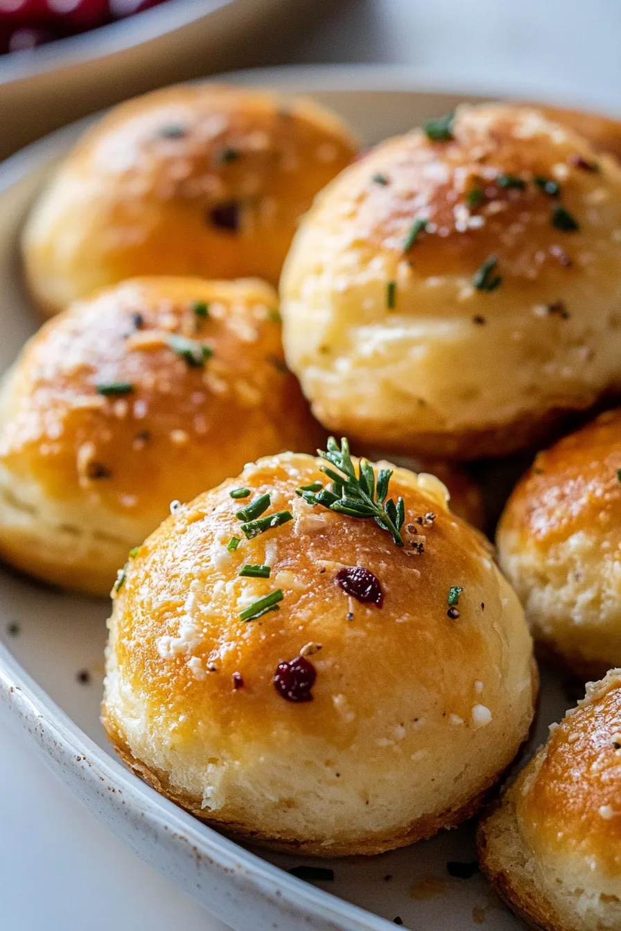Close-up of soft, flaky rolls topped with herbs and coarse salt.