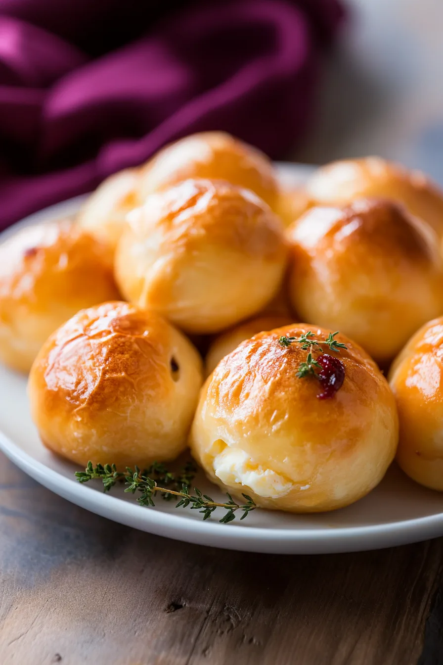 Freshly baked pastry bombs with melted brie and tart cranberries inside.