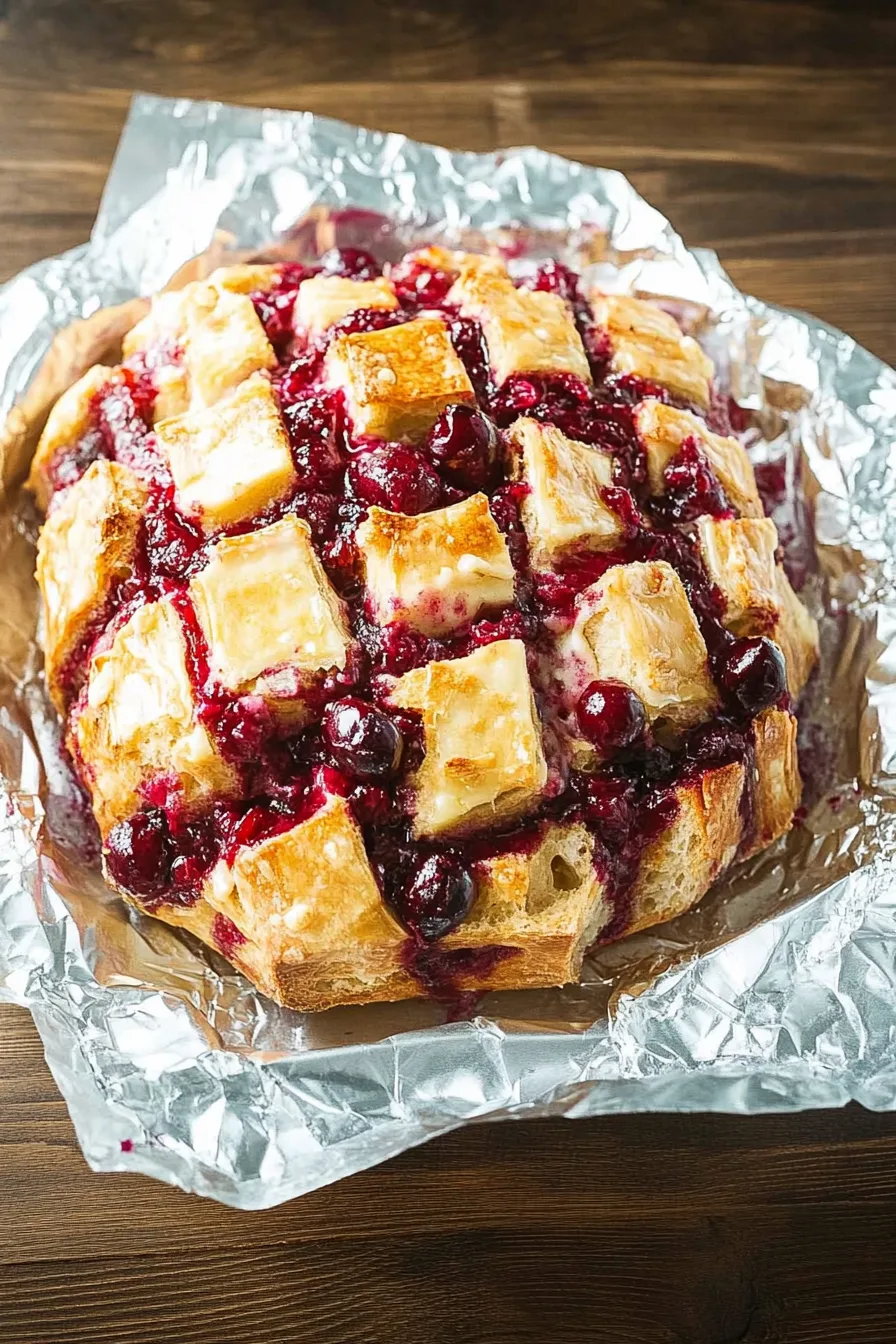 Festive bread served warm with gooey cheese pockets and cranberry topping