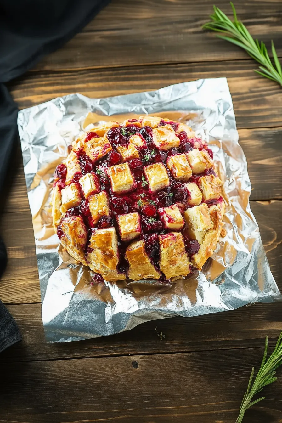 Pull-apart appetizer with melted brie and cranberry sauce baked into the bread