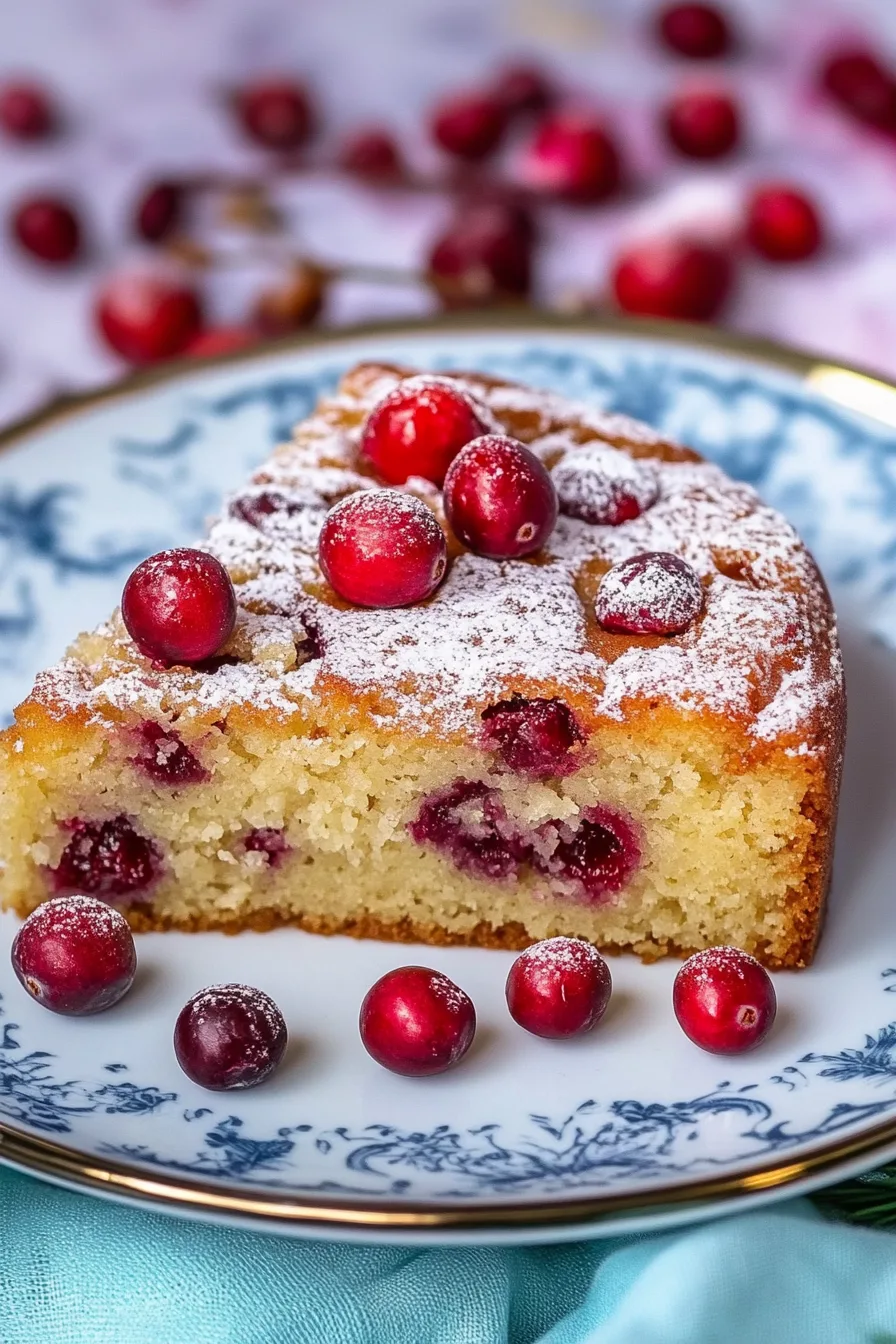 Close-up of cake slices showing cranberries baked inside