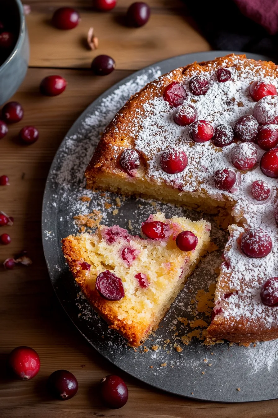 Overhead view of a golden cake sliced on a wooden board