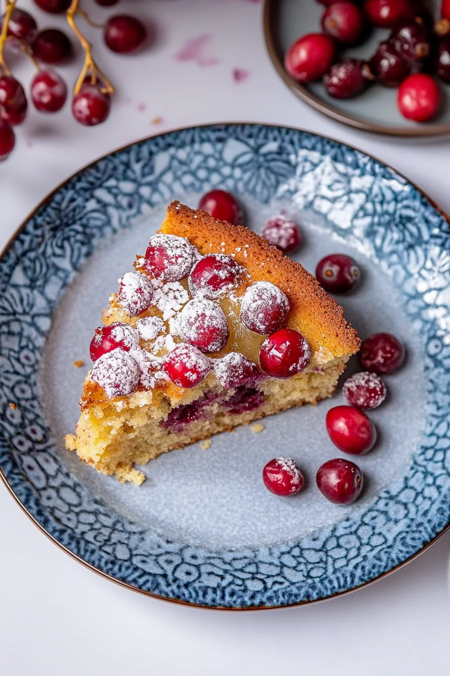 Slice of golden cake topped with fresh cranberries and powdered sugar on a blue plate