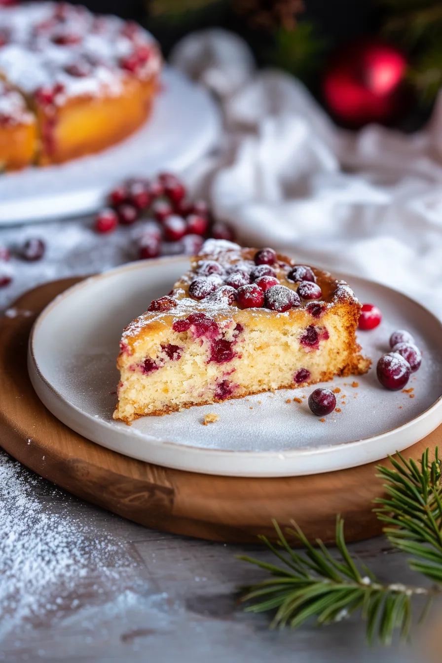 Single serving of fruit-topped cake surrounded by scattered fresh cranberries