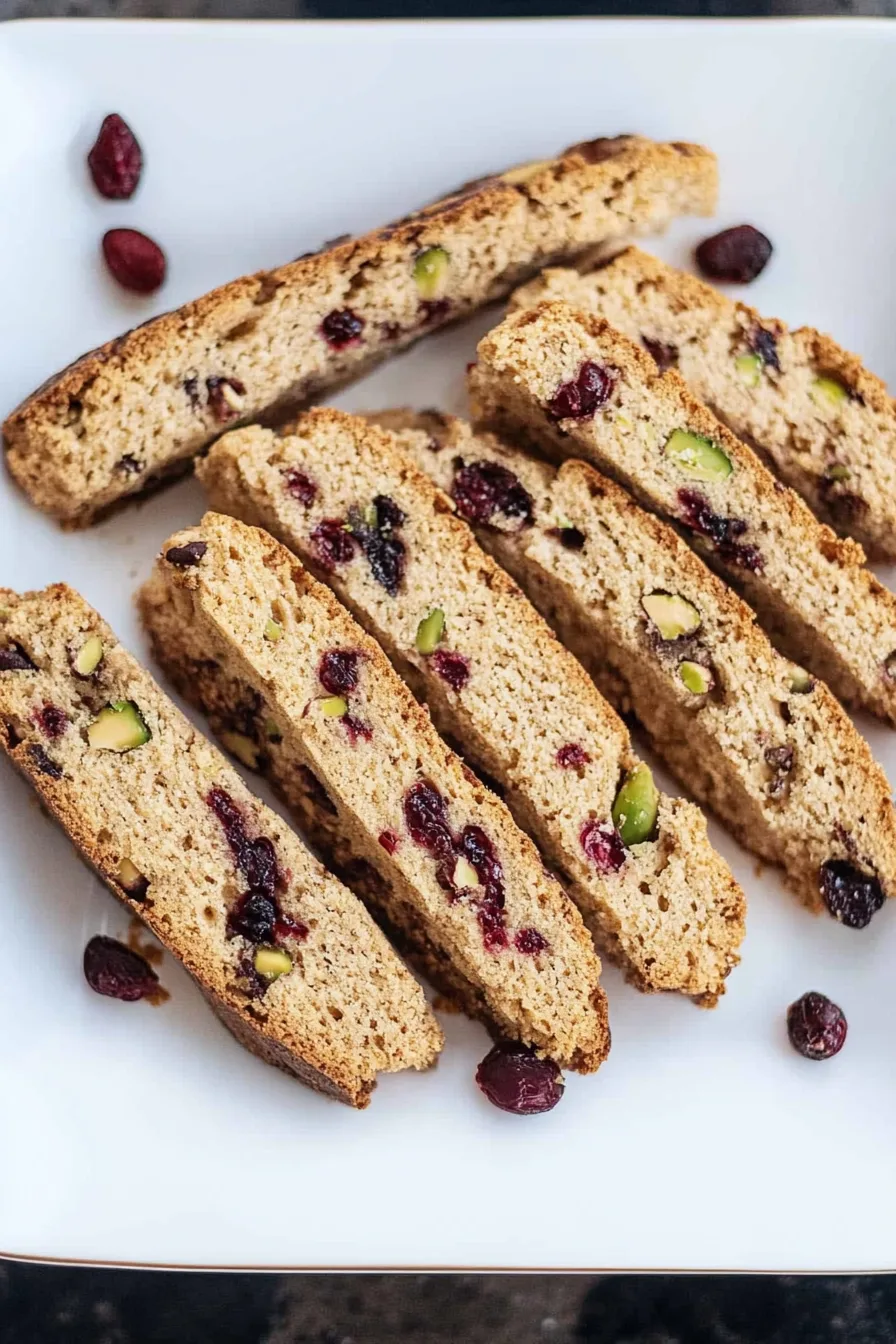 Rustic biscotti slices with festive red and green speckles from fruit and nuts.