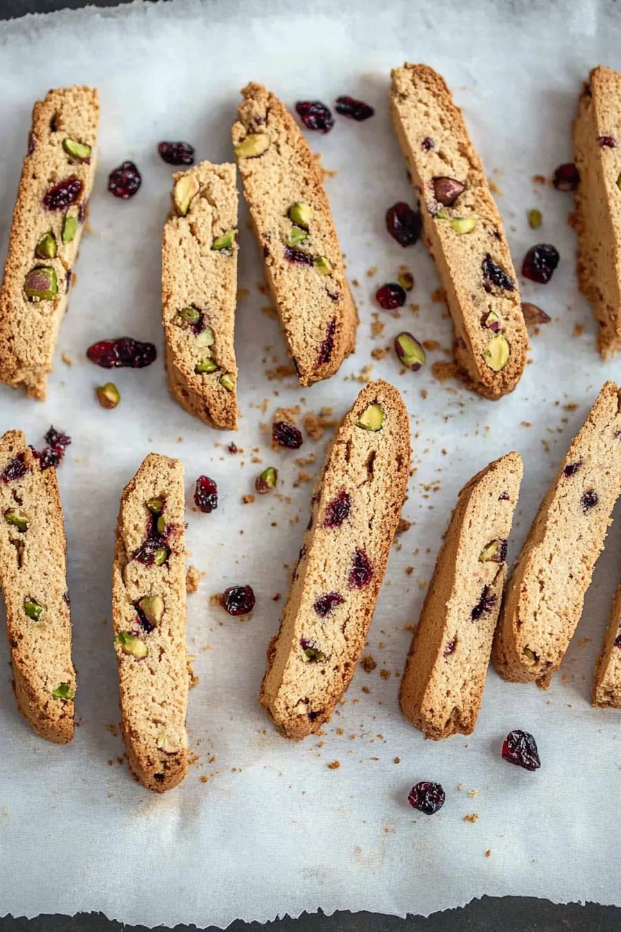 Crisp Italian cookies with green pistachios and red cranberries baked inside.