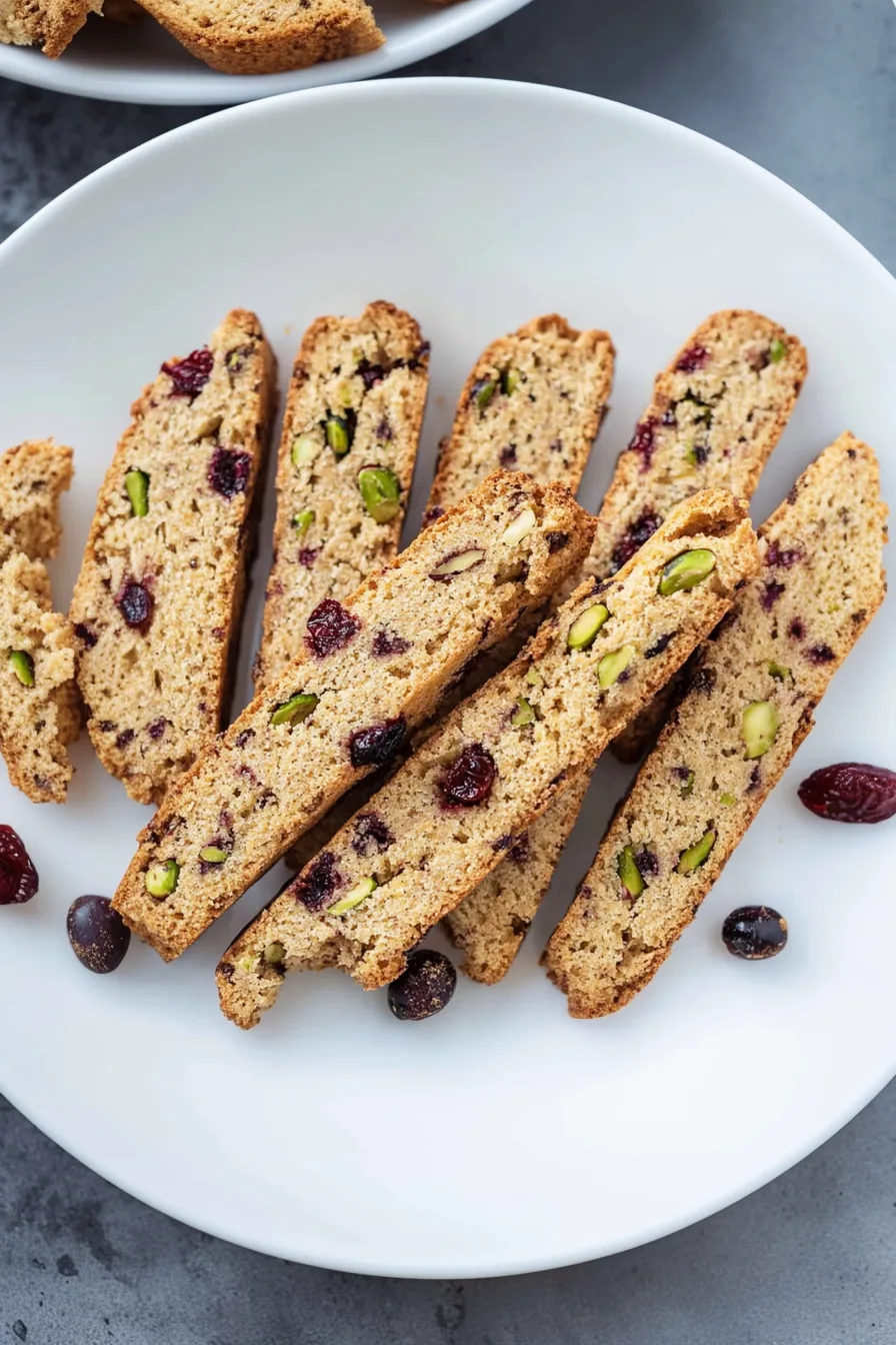 Golden biscotti slices studded with dried cranberries and pistachios on a white plate.