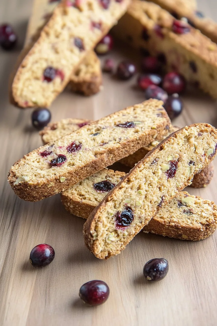 Homemade biscotti pieces stacked neatly, showing crunchy nuts and tart berries.