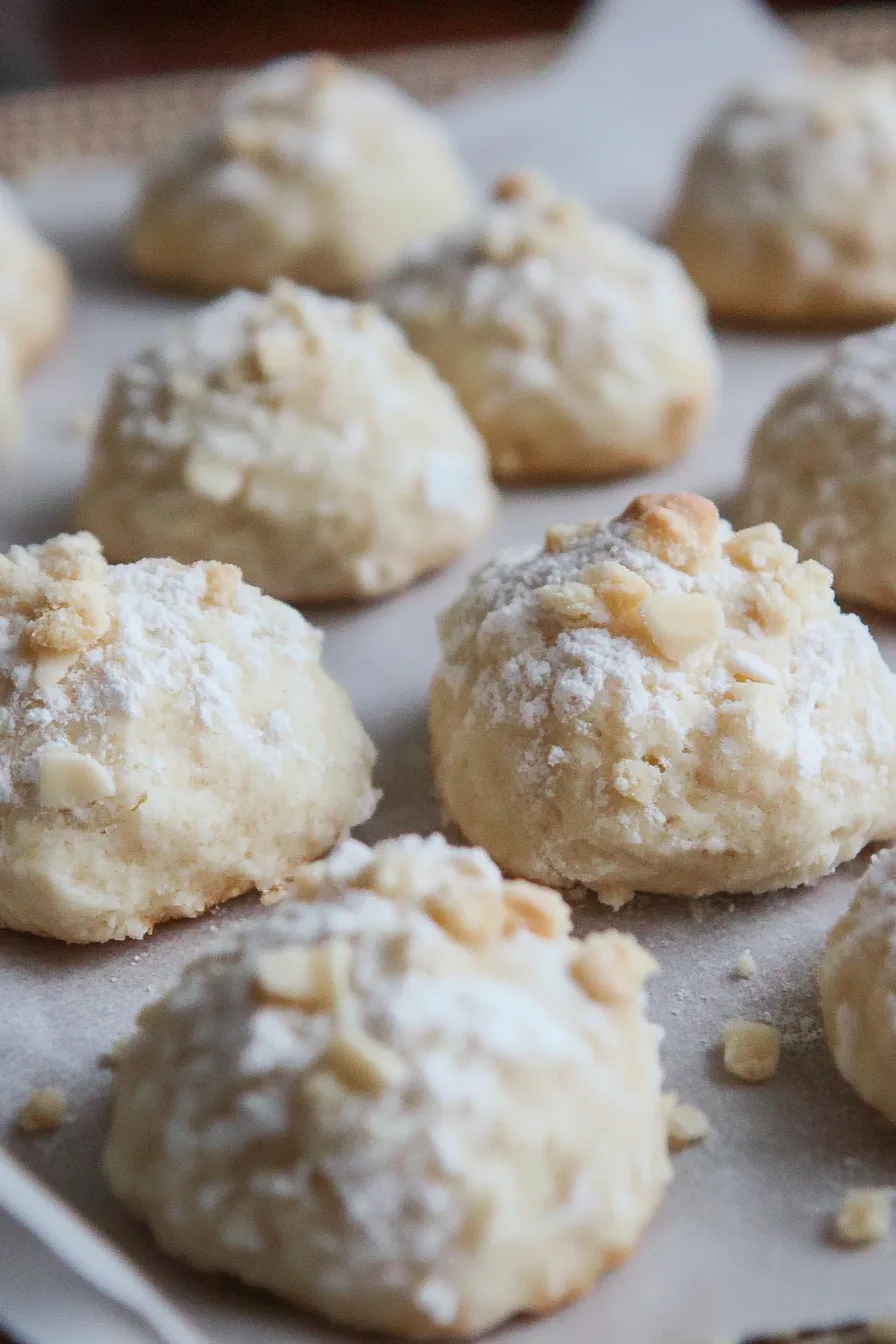 Tray of tender cookies topped with powdered sugar and nutty crumbles.