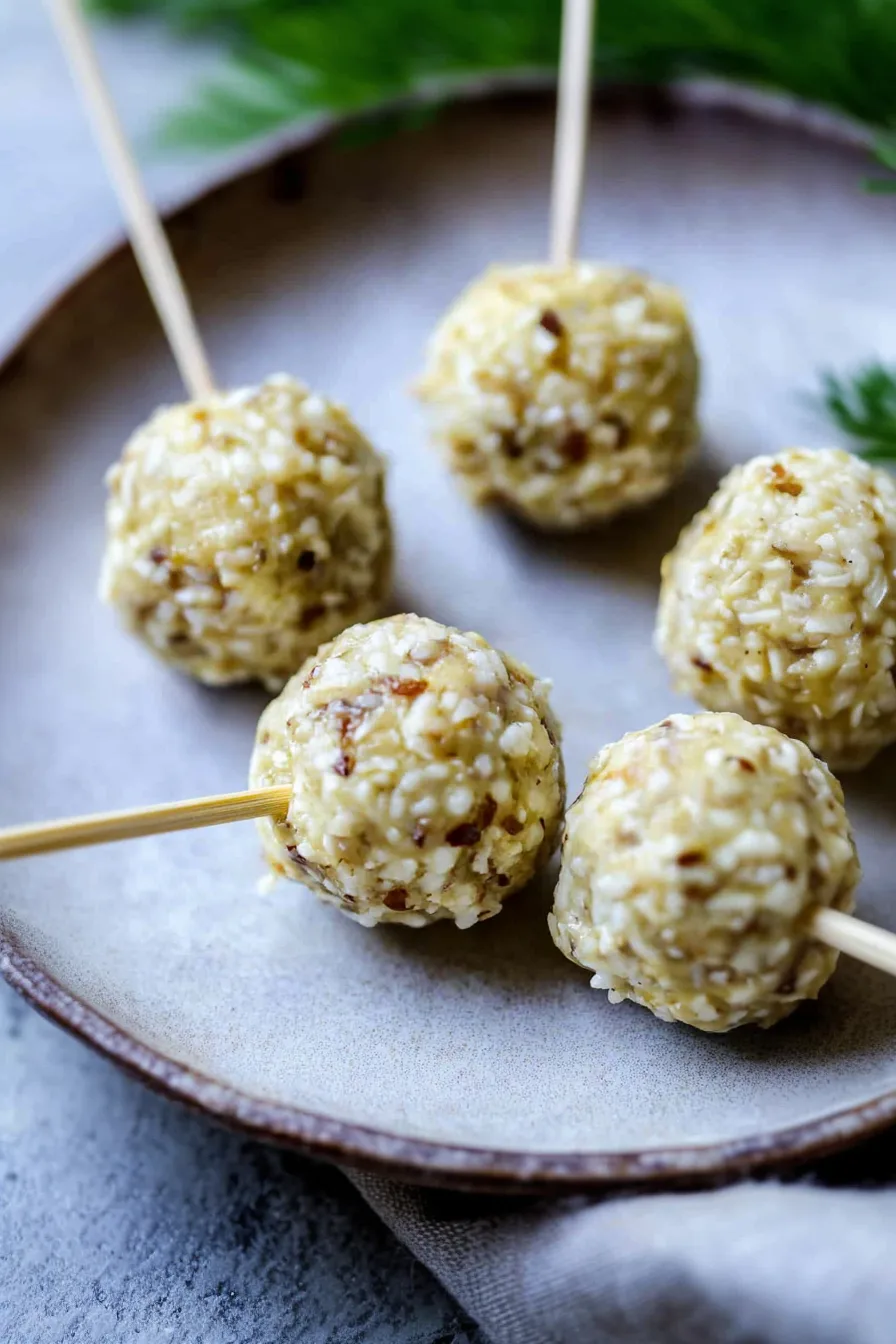 Small round cheese-covered olives arranged on a serving plate.