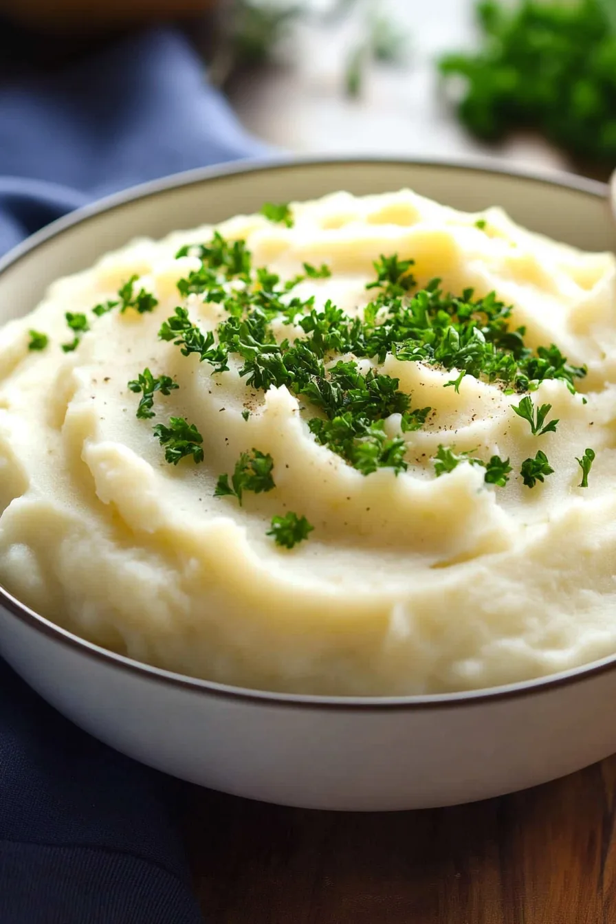 Close-up of creamy potatoes garnished with fresh herbs