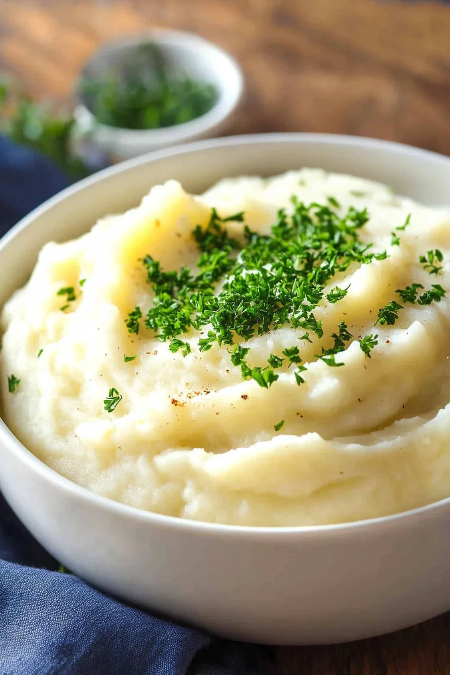 Bowl of fluffy mashed potatoes with melted butter on top