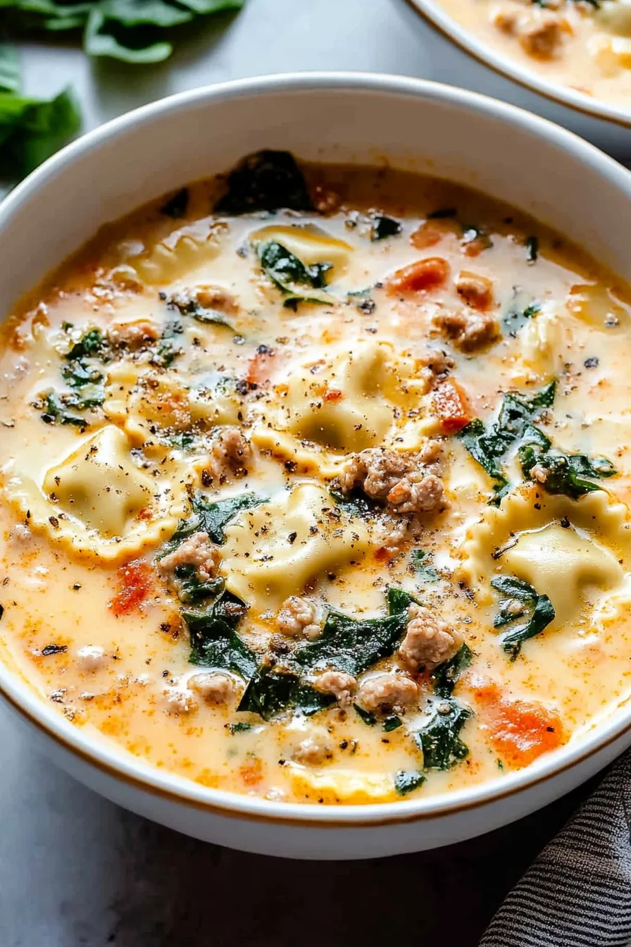 Bowl of soup filled with ravioli, spinach, and a rich broth