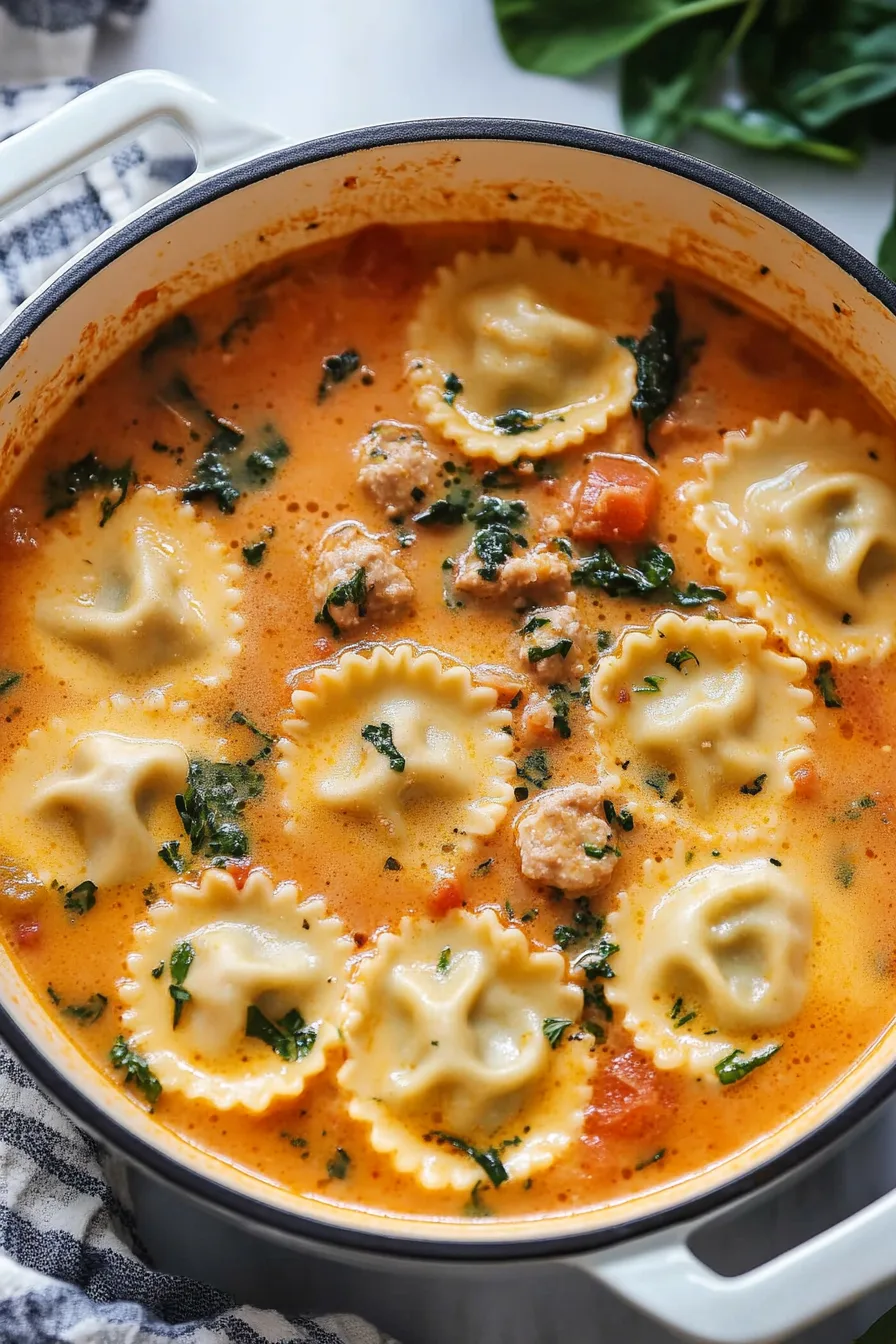 Close-up of creamy pasta soup topped with fresh herbs