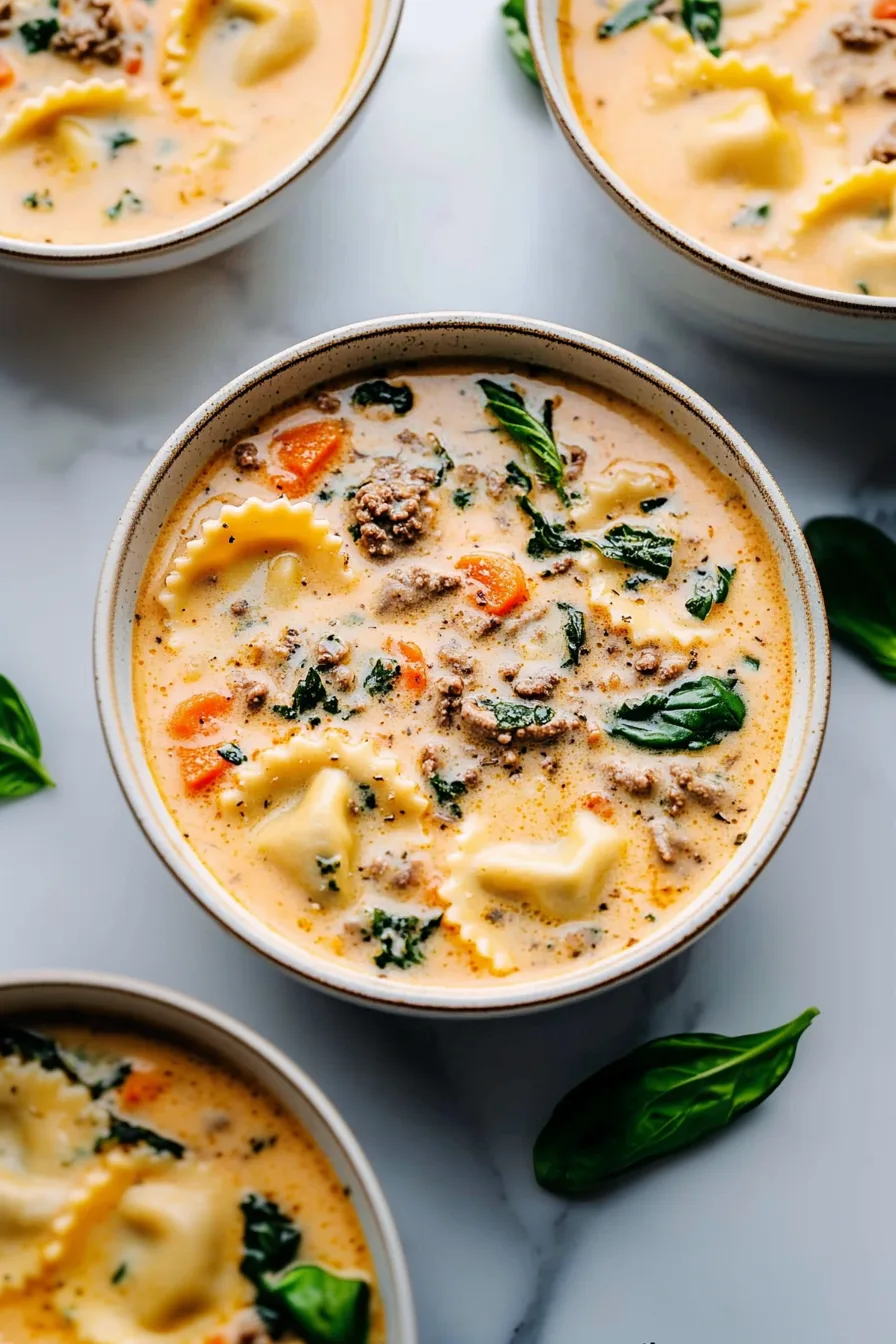 Comforting soup with cheese-filled ravioli in a creamy base