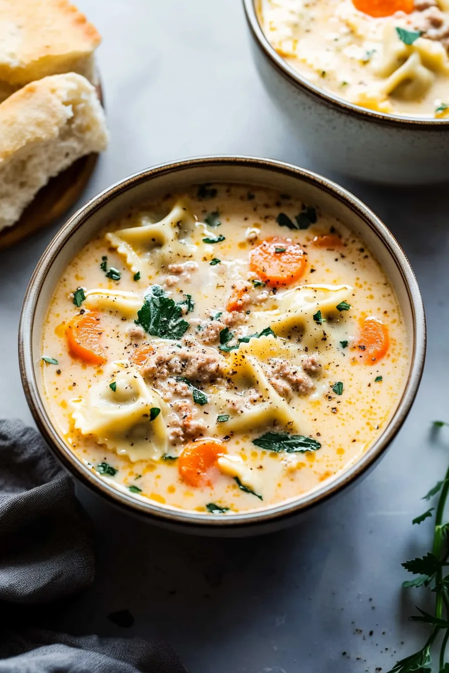 Overhead shot of ravioli soup served with crusty bread on the side