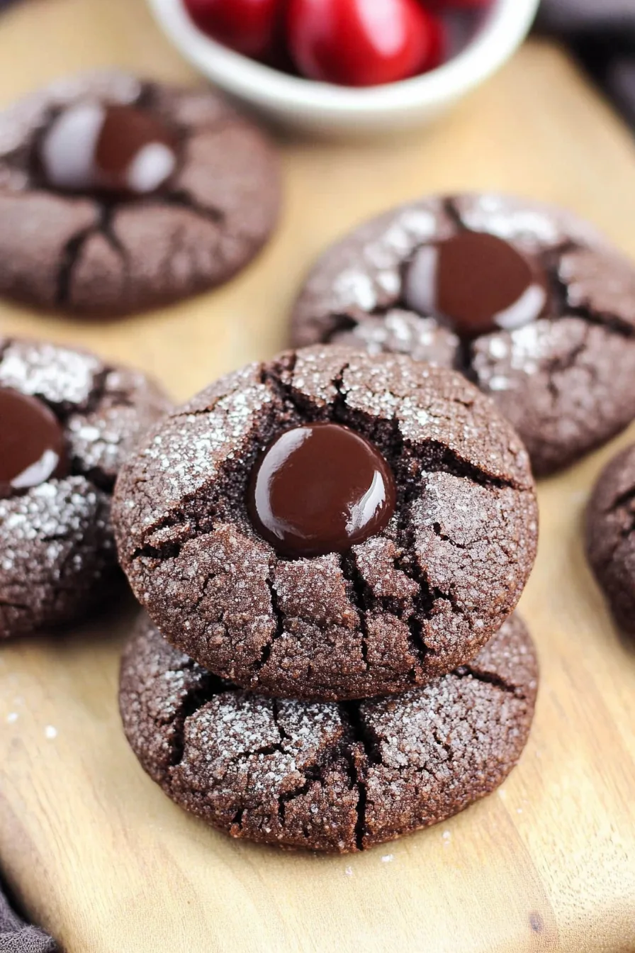 Overhead view of chocolate crinkle cookies arranged on a wooden board.